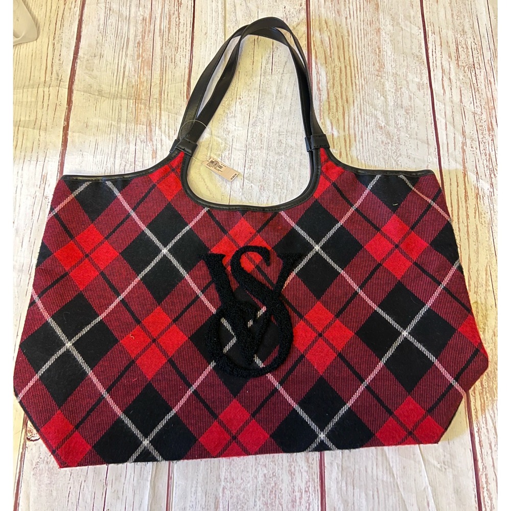 Victoria's Secret Red Black Plaid Tote Bag VS Chenille Logo Shoulder Bag NWT